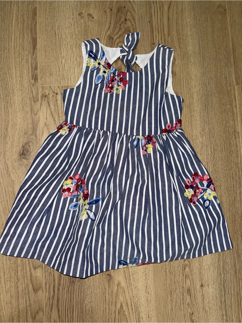 Rare Editions Striped Navy Floral Embroidered Tie-Back Girls Dress (18 months)